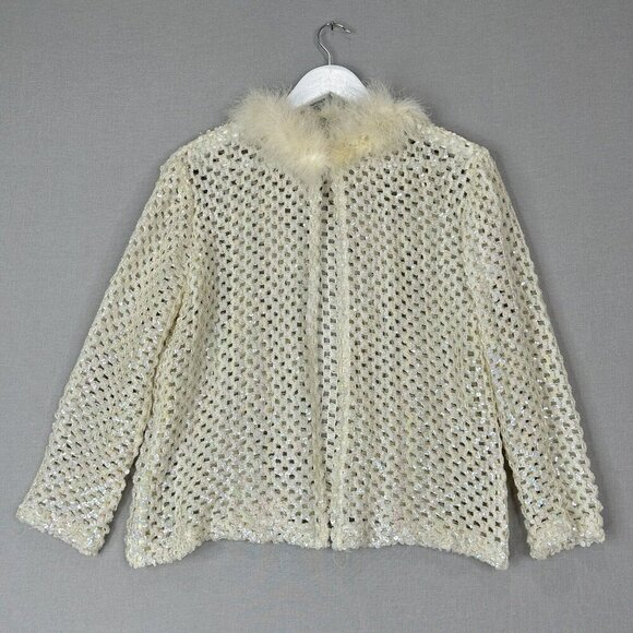 Vintage Sweaters - Vintage Womens Sweater 10 Beige Sequin Fuzzy Neckline Crochet Cardigan Open Knit